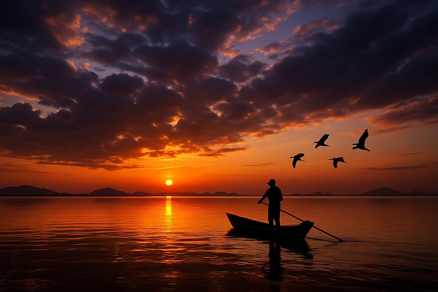 Chilika Lake at sunrise with calm, golden waters, a fisherman casting his net in silhouette, and a flock of birds flying overhead